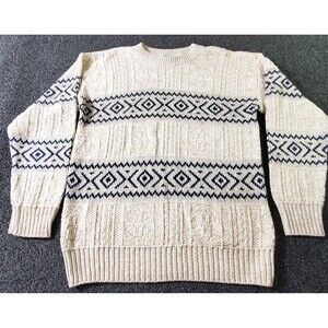 Vtg Ruffian Chunky Knit Sweater Men's Large Cream & Beige USA Cotton Fisherman